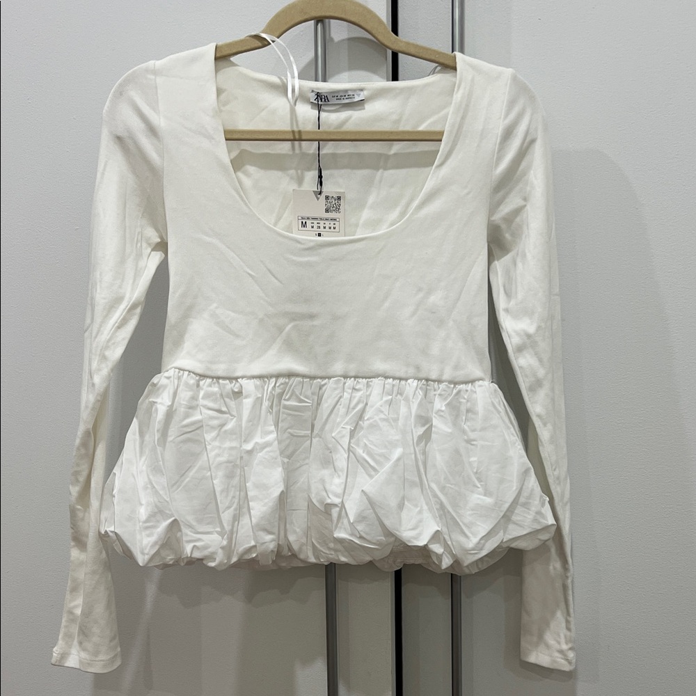 Zara Cream Long Sleeve Peplum Blouse